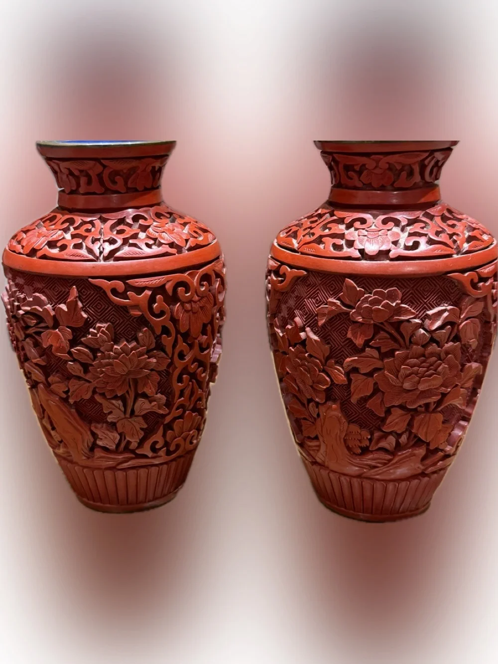 Pair of Authentic Republic Of China Vintage Chinese Cinnabar Lacquer Vases.
